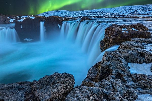 Iceland Aurora borealis and the Godafoss Waterfall